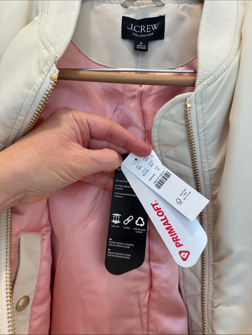J. Crew Cream Bomber Jacket with Gold Hardware in Lightweight Shiny Nylon